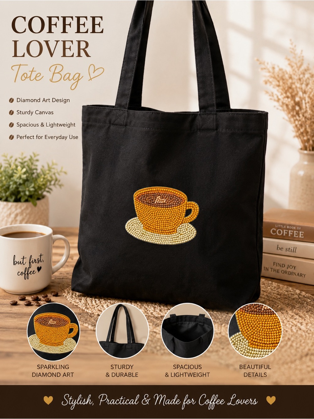 Coffee diamond art canvas tote bag. Cute aesthetic reusable bag. Sealed